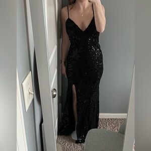 Windsor Black Sequin Gown with Slit